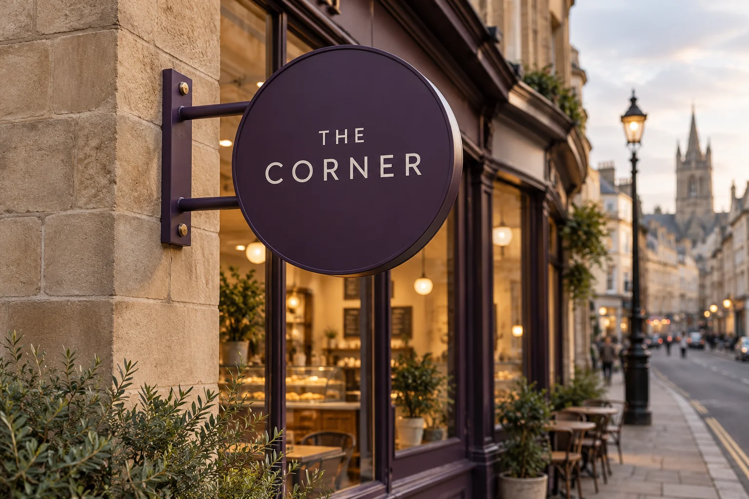 A café, spotted from the pavement — illustrative concept